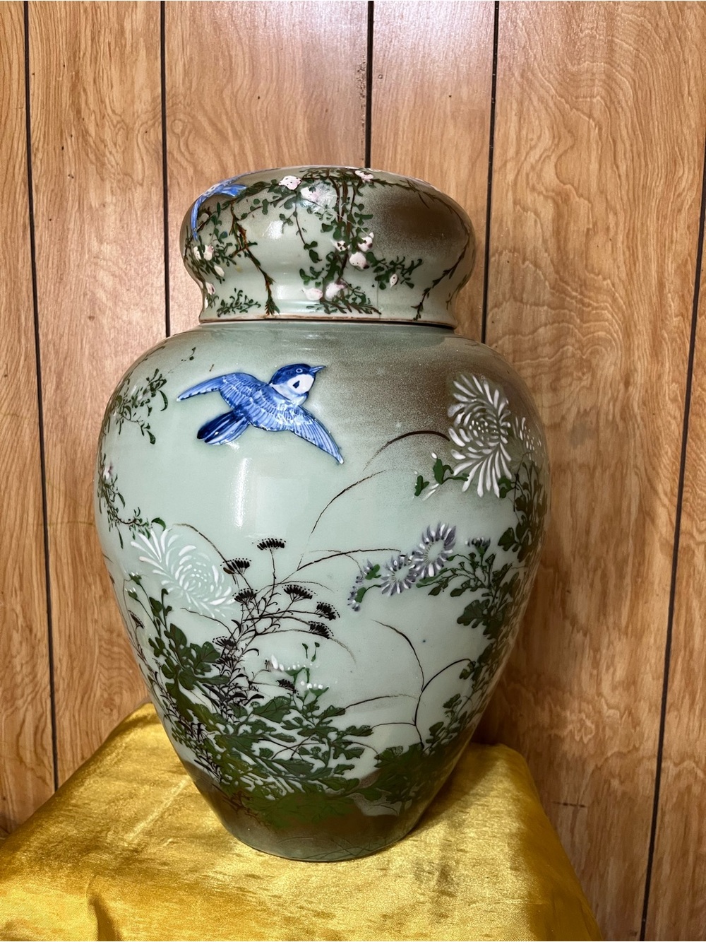 Hand-Painted Ceramic Ginger Jar with Blue Bird and Floral Motif
